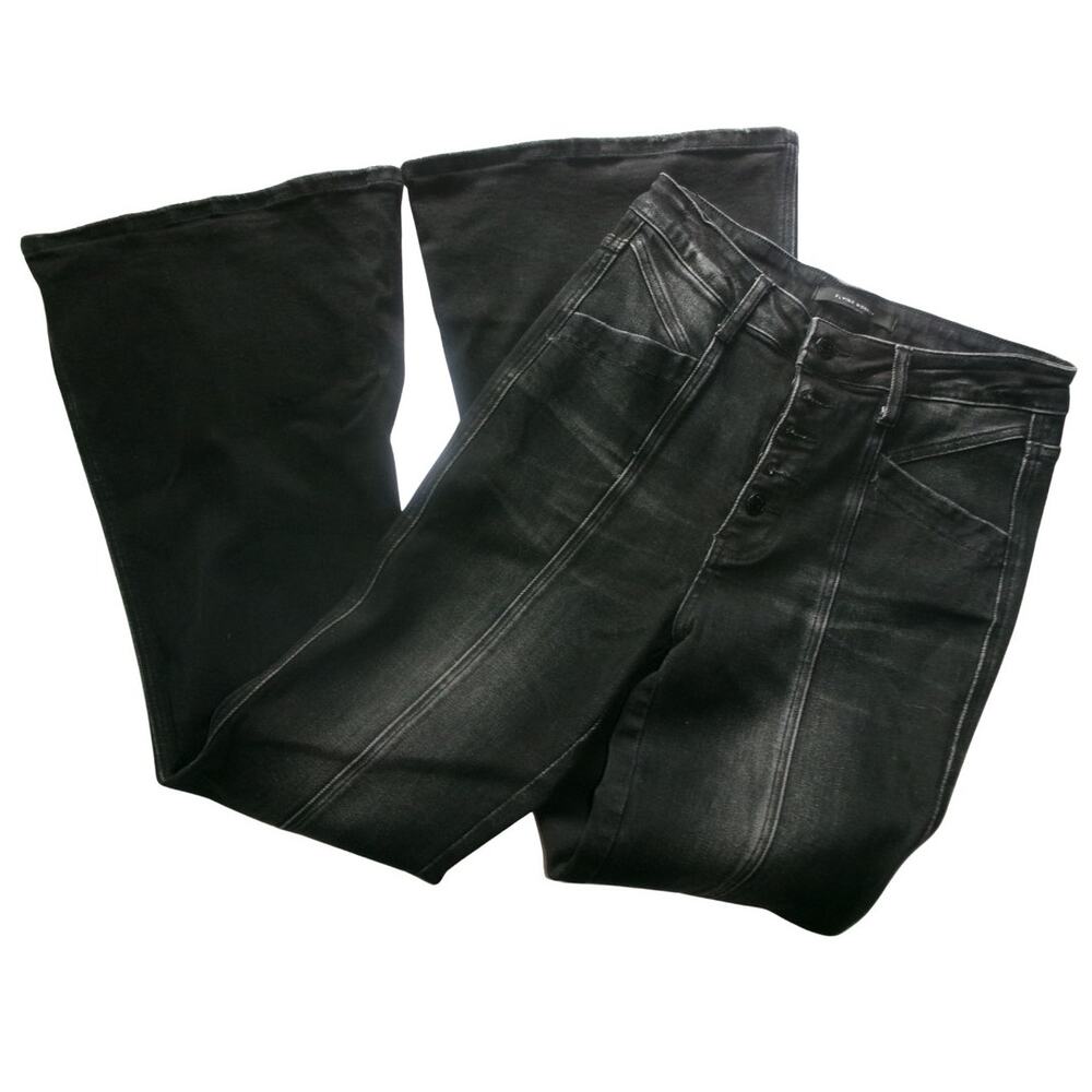Flying Monkey High Rise Super Flare Jeans Women's 28 Black Button Fly Seamed